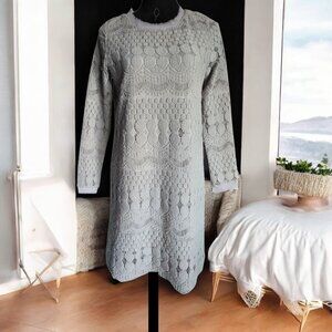 F*O*N*D (MED) Gray Crochet/Knit Lined Fringed Crew Neck Long Sleeved Dress